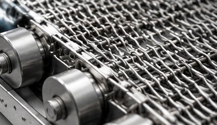 Wire mesh conveyor belt running over drive rollers