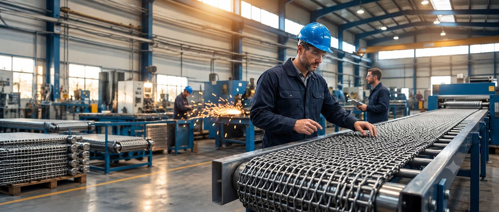 Wire mesh conveyor belts being made and inspected on a production floor
